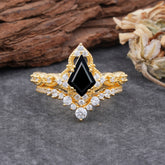 Unique Cut Kite Cut Black Onyx Cluster Engagement Ring Set 2pcs
