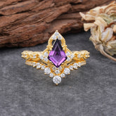 Unique Cut Kite Cut Natural Amethyst Cluster Engagement Ring Set 2pcs