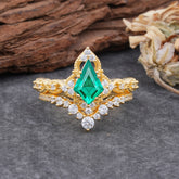 Unique Cut Kite Cut Emerald Cluster Engagement Ring Set 2pcs