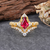 Unique Cut Kite Cut Ruby Cluster Engagement Ring Set 2pcs