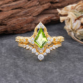 Unique Cut Kite Cut Peridot Cluster Engagement Ring Set 2pcs