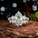 Unique Pear Shaped Engagement Ring Set Natural Moss Agate Cluster Wedding Band