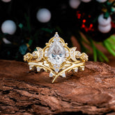 Unique Pear Shaped Engagement Ring Set Moissanite Cluster Wedding Band