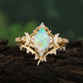 Unique Pear Shaped Engagement Ring Set Opal Cluster Wedding Band