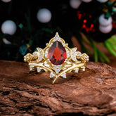 Unique Pear Shaped Engagement Ring Set Garnet Cluster Wedding Band