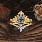 Elegant 5 Prong Pear-Cut Black Rutilated Quartz Engagement Ring Set