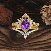 Elegant 5 Prong Pear-Cut Amethyst Engagement Ring Set