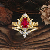 Elegant 5 Prong Pear-Cut Ruby Engagement Ring Set