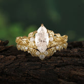 Nature-Inspired Marquise Moissanite Engagement Ring Set with Vine Motif