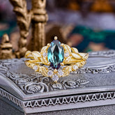 Nature-Inspired 6 Prong Marquise Alexandrite Engagement Ring Set with Vine Motif