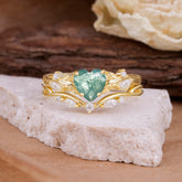 4-Prong Nature-Inspired Heart-Cut Natural Moss Agate Engagement Ring Set