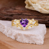4-Prong Nature-Inspired Heart-Cut Natural Amethyst Engagement Ring Set