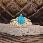 Luxury 3-Prong Pear-Cut Turquoise Engagement Ring Set