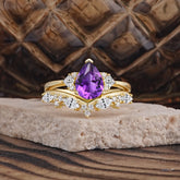 Luxury 3-Prong Pear-Cut Amethyst Engagement Ring Set