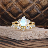 Luxury 3-Prong Pear-Cut Moonstone Engagement Ring Set