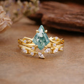 Fashion 4-Prong Kite-Cut Natural Moss Agate Engagement Ring Set