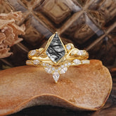 Luxury Nature-Inspired 4-Prong Kite-Cut Black Rutilated Quartz Engagement Ring Set