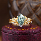 Nature-Inspired 4-Prong Hexagon-Cut Natural Moss Agate Engagement Ring Set