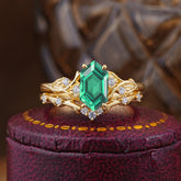 Nature-Inspired 4-Prong Hexagon-Cut Emerald Engagement Ring Set