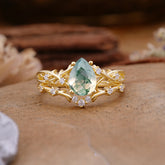 Nature-Inspired 4 Prong Pear-Cut Natural Moss Agate Ring Set