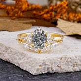 Luxury 6-Prong Oval-Cut Natural Black Rutilated Quartz Engagement Ring Set