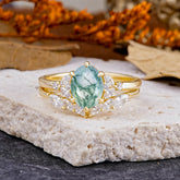 Luxury 6-Prong Oval-Cut Natural Moss Agate Engagement Ring Set