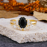 Luxury 6-Prong Oval-Cut Natural Black Onyx Engagement Ring Set