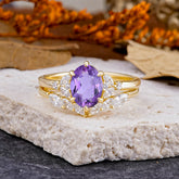 Luxury 6-Prong Oval-Cut Natural Amethyst Engagement Ring Set