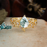 Nature Inspired Moss Agate Engagement Ring Set Pear Cut 2PC