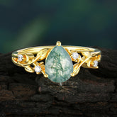 Nature-Inspired Pear Cut Moss Agate Ring with 3-Prong Setting