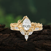 Nature-Inspired 3-Prong Oval-Cut Moissanite Engagement Ring Set with Vine Accents