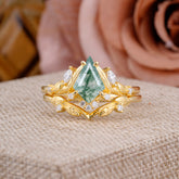 Nature Inspired The Dreamy Kite- Cut Natural Moss Agate with Fantasy Leaf Gold Ring Set