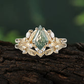 Nature Inspired The Dreamy Kite- Cut Natural Moss Agate with Fantasy Leaf Gold Ring