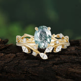 Nature-Inspired Oval Cut Natural Moss Agate Engagement Ring Set