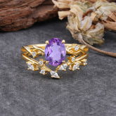 Nature-Inspired Oval Cut 4 Prong Amethyst Engagement Ring Set