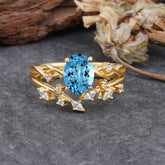 Nature-Inspired Oval Cut 4 Prong Aquamarine Engagement Ring Set
