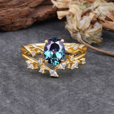 Nature-Inspired Oval Cut 4 Prong Alexandrite Engagement Ring Set