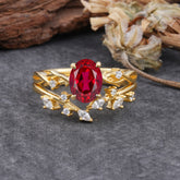 Nature-Inspired Oval Cut 4 Prong Ruby Engagement Ring Set