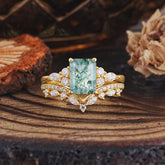 Luxury Vintage 4-Prong Emerald-Cut Natural Moss Agate Ring Set
