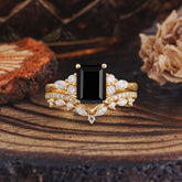 Luxury Vintage 4-Prong Emerald-Cut Black Onyx Ring Set