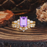 Luxury Vintage 4-Prong Emerald-Cut Amethyst Ring Set