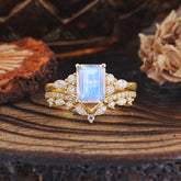 Luxury Vintage 4-Prong Emerald-Cut Moonstone Ring Set