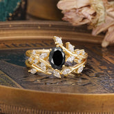 Romantic Nature-inspired 4-Prong Oval Cut Black Onyx Stacking Ring