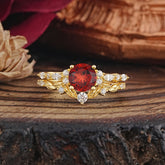 Vintage Botanical 4-Prong Round Cut Natural Garnet Ring Set