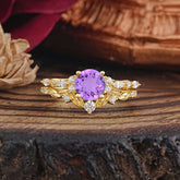 Vintage Botanical 4-Prong Round Cut Natural Amethyst Ring Set