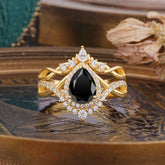 Elegant Pear-Cut 3 Prong Natural Black Onyx Engagement Ring Set