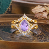 Elegant Pear-Cut 3 Prong Natural Amethyst Engagement Ring Set