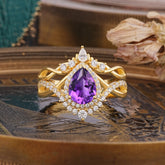 Elegant Pear-Cut 3 Prong Natural Amethyst Engagement Ring Set