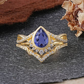 Ultra Luxurious Vintage Pear-Cut Tanzanite Ring Set