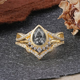 Ultra Luxurious Vintage Pear-Cut Natural Black Rutilated Quartz Ring Set